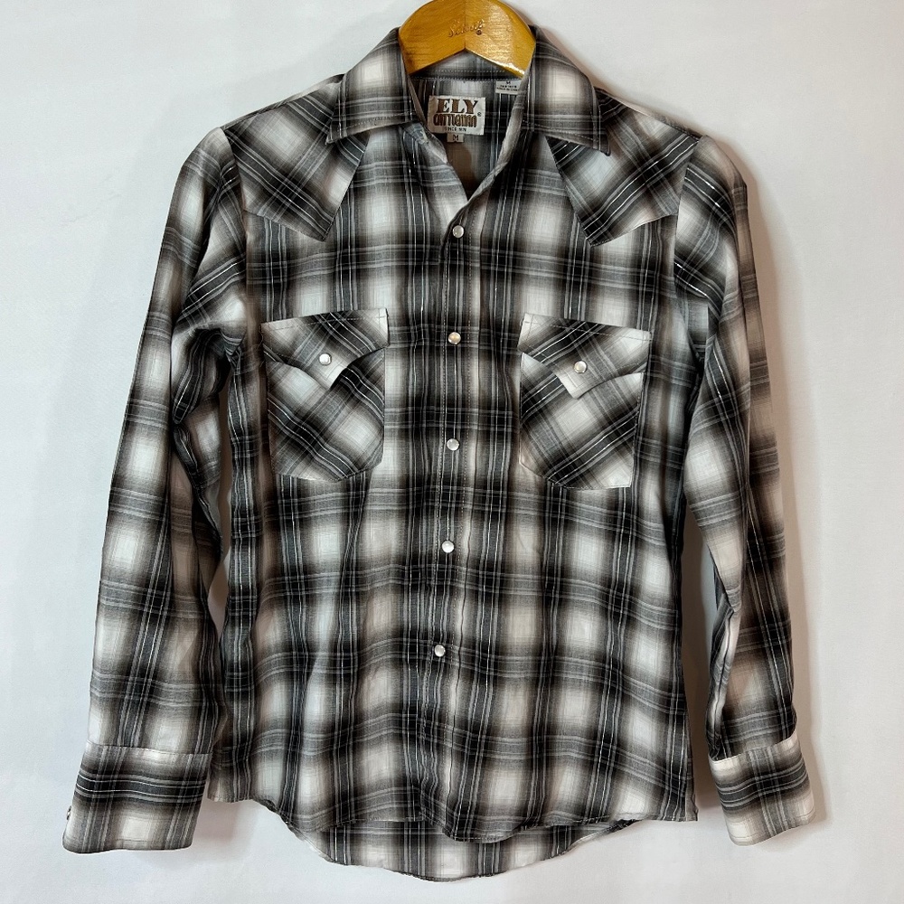 Ely Cattleman MEDIUM Gray Metallic Plaid Pearl Snaps Western Cowboy Rockabilly